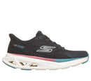 Black running shoe with white sole on a white background