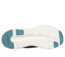 White athletic shoe sole with blue accents on a white background