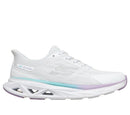 White running shoe with purple sole on a white background