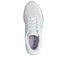 White sneaker with purple sole on a white background