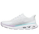 White athletic shoe with a light blue accent on a white background
