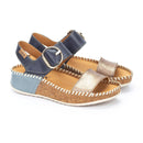 Pair of sandals with blue and gold straps on a white background