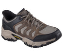 Brown and black hiking shoe on a white background
