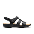 Black sandal with multiple straps on a white background