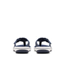 Pair of navy sandals with white soles on a white background