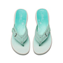 Pair of light blue sandals with 'Clarks' branding on a white background