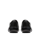 A pair of black leather slip-on shoes shown from the back, positioned side-by-side against a solid white background.