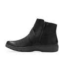 A black leather ankle boot with a side zipper, shown in a side profile view against a plain white background.