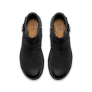 A pair of black leather ankle boots with side buckle straps, shown from a top-down view on a white background. The insoles show the brand 'Clarks Collection'.
