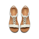 Pair of white sandals with brown soles on a white background