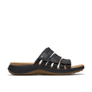 Black sandal with a brown sole on a white background
