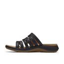 Black sandal with a brown sole on a white background