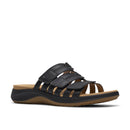 Black sandal with brown sole on a white background
