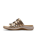 Gold sandal with multiple straps on a white background