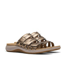 Bronze sandal with multiple straps on a white background