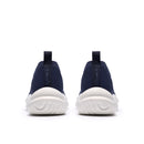 Navy slip-on shoes with white soles on a white background