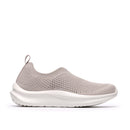 Gray slip-on sneaker with white sole on a white background