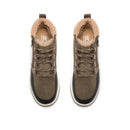 A pair of Scapio mid-height lace-up boots in olive brown suede and leather, featuring a beige sherpa lining and a black and white sole, shown from a top-down view on a white background.