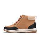 A side-profile view of a mid-height lace-up winter boot. The upper is tan suede with black leather accents on the toe and heel, featuring a cream-colored shearling lining at the collar and a thick cream midsole with a gum outsole.