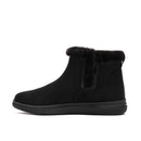 A single black ankle winter boot with a plush faux-fur trim around the collar, shown in a side profile on a white background.