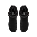 A pair of black suede ankle boots with plush black faux-fur trim around the collar, shown from a top-down view on a white background.