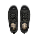 Black hiking shoes with text on the sole on a white background
