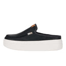 Black slip-on shoe with white sole on a white background