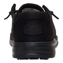 Black sneaker with a visible brand logo on a white background