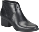 A black leather ankle boot with a low block heel, shown from a side profile view against a plain white background.