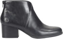 A black leather ankle boot with a block heel and side zipper, shown from a side profile view against a white background.