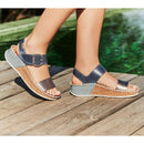 Navy sandals with cork wedge sole worn by a person on a wooden deck.