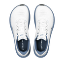 A pair of white running shoes with navy blue accents, shown from a top-down view on a solid white background.