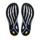 A pair of shoe soles shown from the bottom, featuring a black and gray ribbed tread pattern with white structural ridges and small yellow accents near the heel.