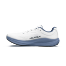 A white Altra running shoe with a slate blue midsole and heel tab, shown in a side profile on a white background.