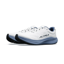A pair of white Altra running shoes with a light blue midsole and dark blue accents, shown from a side profile view on a clean white background.