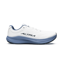 White sneaker with a red and blue label on a white background