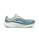 A single Altra running shoe in a dusty teal blue-green colorway with a thick white midsole and white logo, shown in a side profile on a white background.