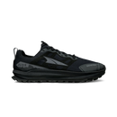 A black and dark gray Altra trail running shoe shown in a side profile view against a solid white background.