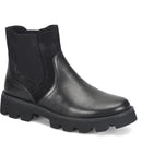 A single black Chelsea-style ankle boot with a smooth leather upper, black mesh side panel, and a chunky lug sole, shown on a plain white background.