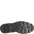 A close-up, top-down view of a black rubber shoe sole with deep tread patterns and a circular logo embossed in the center, set against a plain white background.