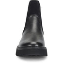 A single black Chelsea-style ankle boot shown from the front on a plain white background.