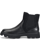 A single black ankle boot with a smooth leather upper, black mesh side panels, and a chunky lug sole, shown from a side profile on a white background.