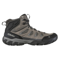 Gray hiking boot with black sole on a white background