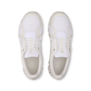 Pair of white sneakers with visible brand logo on a white background