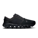 A black On running shoe with a chunky, segmented sole and subtle silver branding details, shown from a side profile on a white background.