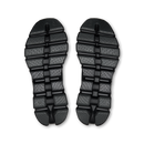 A pair of black textured shoe soles shown from the bottom against a plain white background.
