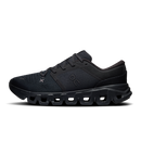 A black athletic sneaker shown from the side profile against a solid white background. The shoe features a breathable mesh upper, matching black laces, and a distinctive chunky, cushioned sole with cutout details.