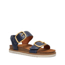 Navy blue sandal with gold buckles on a white background