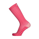 Pink knee-high sock with white stripes on a white background