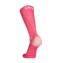 Pink striped sock with a brand logo on a white background